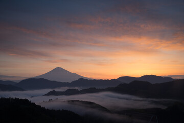 オレンジ色に染まる富士山と雲海