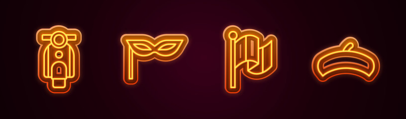 Set line Scooter, Carnival mask, Flag Italy and French beret. Glowing neon icon. Vector