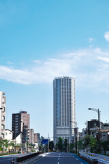 Fototapeta na wymiar 青空を背景にした東京の「タワーマンション」（東京都都市計画道路・環状４号線から見える富久クロスコンフォートタワー）
