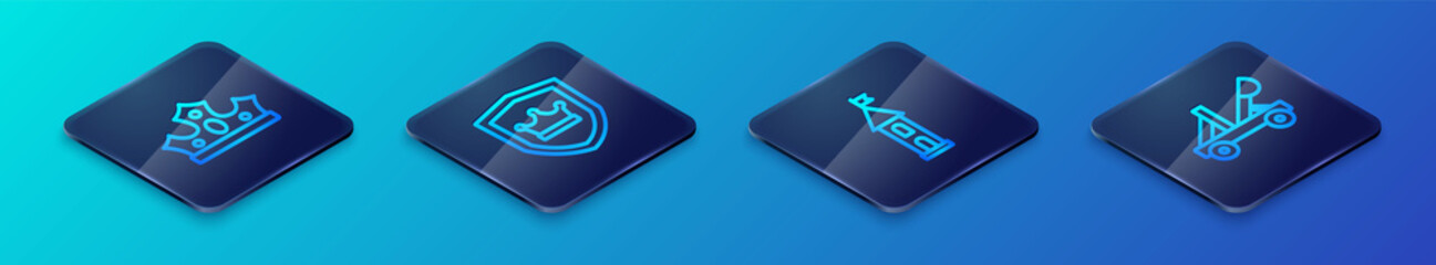 Set Isometric line Castle tower, King crown, Medieval catapult and Shield with icon. Vector