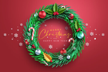 Christmas wreath vector concept design. Merry christmas greeting text in wreath element with snowflakes, balls and holy berry decoration for xmas holiday celebration. Vector illustration.  © Zeinous