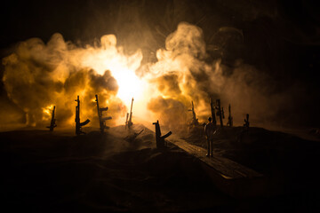 Creative artwork decoration war on Ukraine. Crowd looking on giant explosion and attacking soldiers.