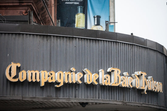 MONTREAL, CANADA - NOVEMBER 5, 2018: Compagnie de la Baie d'Hudson logo on their department store for Montreal, Quebec. Also known as Hudson's Bay, it is the oldest Canadian retailer.
