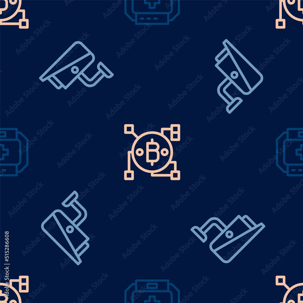 Poster set line first aid kit, security camera and blockchain technology bitcoin on seamless pattern. vecto