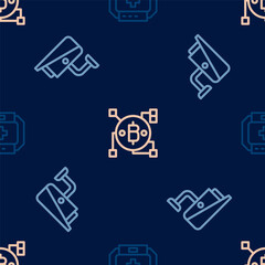 Set line First aid kit, Security camera and Blockchain technology Bitcoin on seamless pattern. Vector