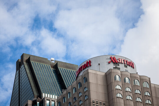 MONTREAL, CANADA - NOVEMBER 7, 2018:  Marriott logo on their main hotel in Montreal, Quebec. Marriott Corporation is a worldwide brand, owner and franchise of luxury hotels