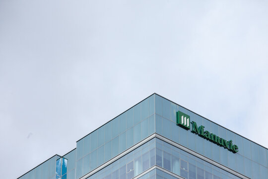 MONTREAL, CANADA - NOVEMBER 7, 2018: Manuvie logo on their office in Montreal, Quebec. Manuvie is the French name of Manulife, the main Canadian insurance & financial services company