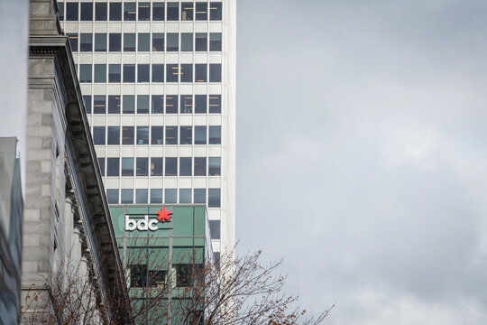 MONTREAL, CANADA - NOVEMBER 7, 2018: BDC Bank Logo On Their Headquarters For Montreal, Quebec. The Business Development Bank Of Canada Is A Bank Funding Entrepeneurship In Canada