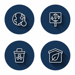 Set line Earth melting to global warming, Recycle symbol, Infectious waste and Eco friendly house with long shadow. Blue circle button. Vector