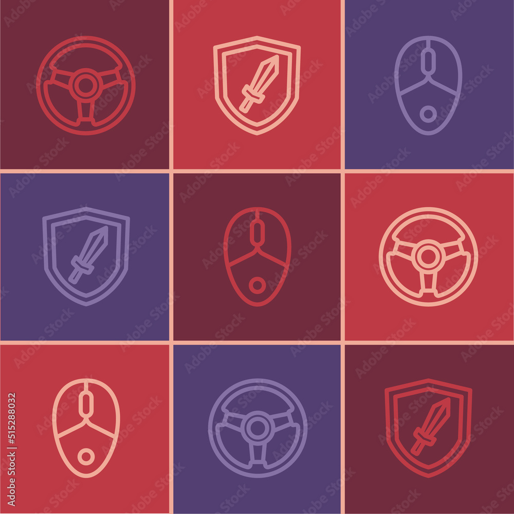 Poster set line racing simulator, computer mouse and sword for game icon. vector