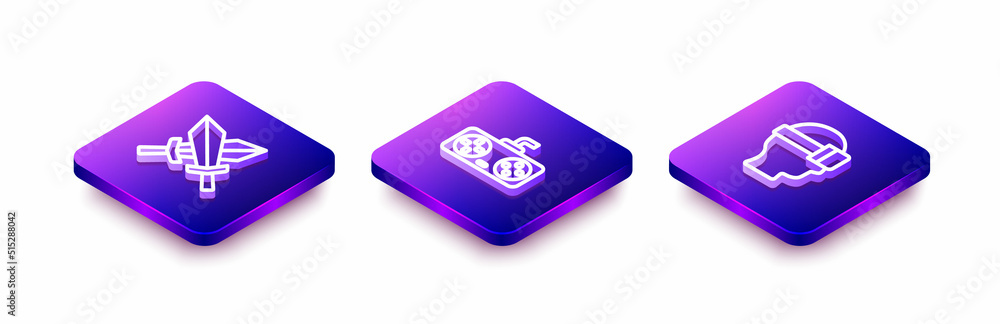 Poster set isometric line sword for game, game controller joystick and virtual reality glasses icon. vector
