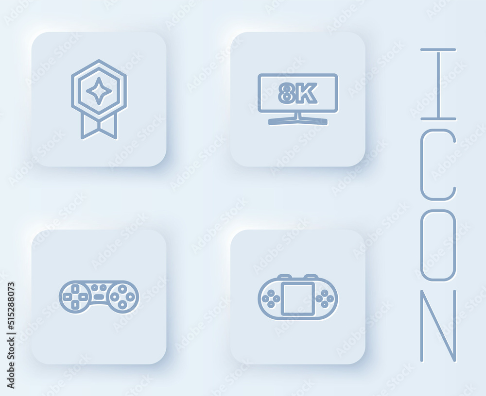 Poster set line game rating with medal, computer monitor, controller joystick and portable video game conso