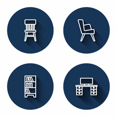 Set line Chair, Armchair, Library bookshelf and Office desk with long shadow. Blue circle button. Vector