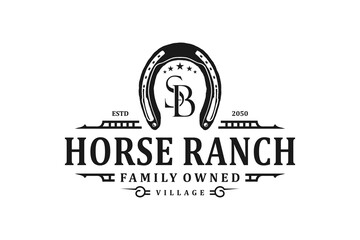 Horse ranch horseshoe logo design rustic vintage badge farm retro - obrazy, fototapety, plakaty