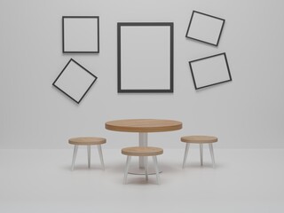 Mock up photo frame in dining room with wood chairs and table. Abstract minimal scene dining room design. 3D render, 3D illustration