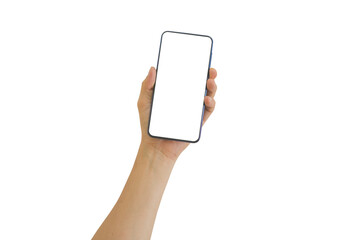 Male hand holding smart phone with white blank empty screen isolated on white background include clipping path. Using for mockup, browsing or social media, application. Technology Concept.