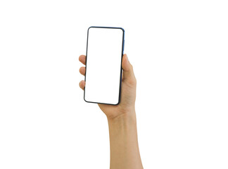 Male hand holding mobile smartphone with blank screen isolated on white background. clipping path include