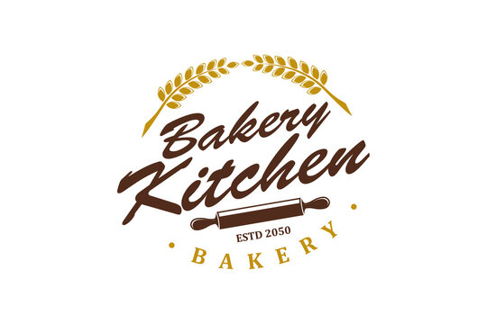 Bakery kitchen rolling pin logo design cake kitchen vector grain wheat icon restaurant handmade
