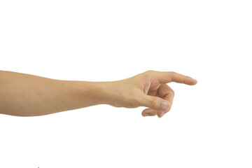 Man's hand pointing at something isolated on white background. Include clipping path.