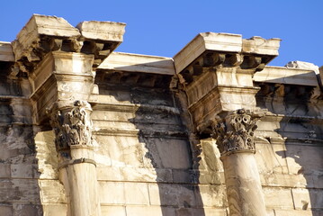 Columns on a temple in the Acropolis of Athens, in Athens, Greece