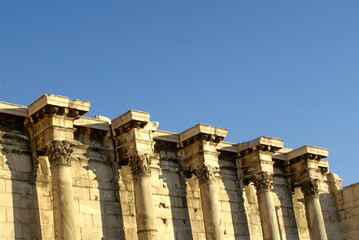 Columns on a temple in the Acropolis of Athens, in Athens, Greece