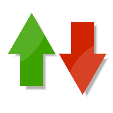 red and green arrows. Green arrow up. Red down arrow. Vector illustration. stock image.