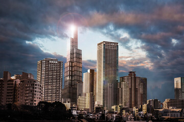 早朝の都市風景　The sky at daybreak in Tokyo, Japan. 3d rendering.