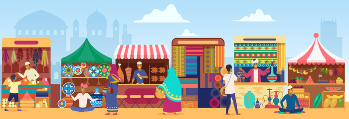 Asian outdoor street market with local people, tourists vector illustration. Cartoon bazaar marketplace with stall kiosks selling traditional pottery, spices and kebab meat, food and hookah background - obrazy, fototapety, plakaty