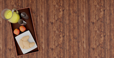 Breakfast plate of bread, apples and orange juice arranged in one corner of a rustic wooden table with copy space. zenith angle. 3d illustration