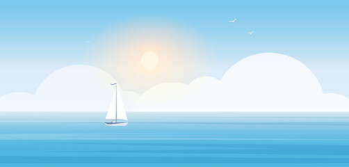 Sea skyline, landscape with sailboat in water, cloud silhouettes and light of sun in blue sky vector illustration. Cartoon yacht floating in open ocean, beautiful sunny panorama scenery background