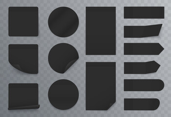 Dark black paper sticker set vector illustration. 3d realistic adhesive blank page with curl corner template, sticky memo label note of round circle rectangle square shape on transparent background