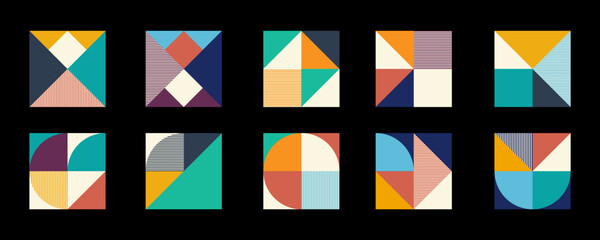 set of trendy geometric background with checkered patterns in multiple colors and shapes. creative contemporary design element in square for decoration of pop theme design.