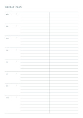 Note, scheduler, diary, calendar planner document template illustration. Weekly plan.