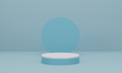 Cylinder podium on light blue background. Abstract minimal scene with geometric forms. Mock up scene to show cosmetic products presentation. 3d rendering, 3d illustration