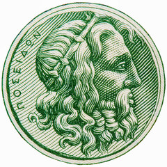 Ancient coin with Poseidon, Portrait from Greece.20 Drachmai 1940 Banknotes.