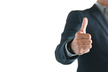 Close up of business man hand action thumb up on white background