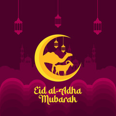 Eid al-Adha vector illustration. Fit for banner, cover, poster, flyer, backdrop, background. Eps 10. Islamic landscape background.