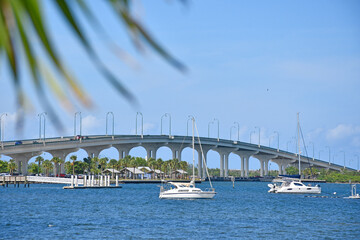 Causeway bridge going over to Jensen Beach on Hutchinson Island South a barrier island in Florida. 