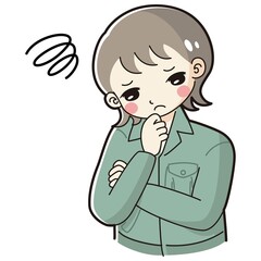 考え事をしている作業服を着た女性のイラスト