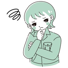 考え事をしている作業服を着た女性のイラスト