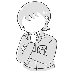 考え事をしている作業服を着た女性のイラスト