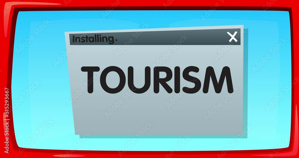 Poster cartoon computer with the word tourism video message of a screen displaying an installation window.