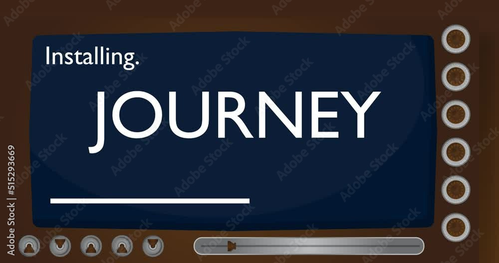 Poster cartoon computer with the word journey. video message of a screen displaying an installation window.