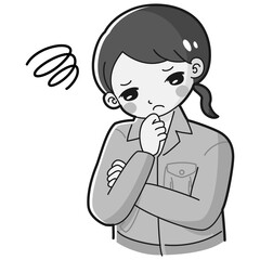 考え事をしている作業服を着た女性のイラスト
