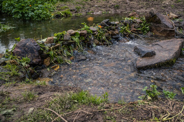 Stone dam on forest river. Wall of cobblestones stopped flow of water and formed pond. Green plants on bank of stream