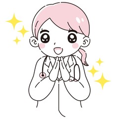 ときめく白衣を着た女性のイラスト（聴診器付き）