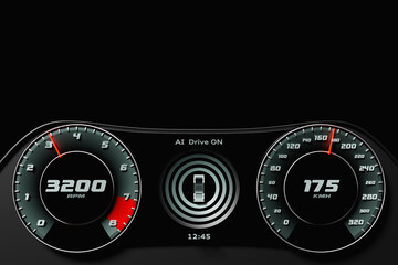 3D illustration of the new car interior details. Speedometer shows a maximum speed of 175 km  h, tachometer with blue,red backlight. Design and interior of a modern car.. .