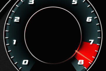 3D illustration close up blue car panel, digital bright tachometer. Tachometer arrow shows maximum speed
