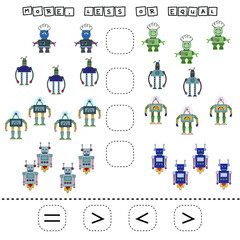 Fototapeta premium math problem: Greater, less, or equal. Count the number of cartoon colored robots and compare. Educational math game for children.
