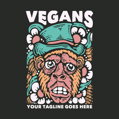 t shirt design vegans with with monkey wearing hat and gray background vintage illustration